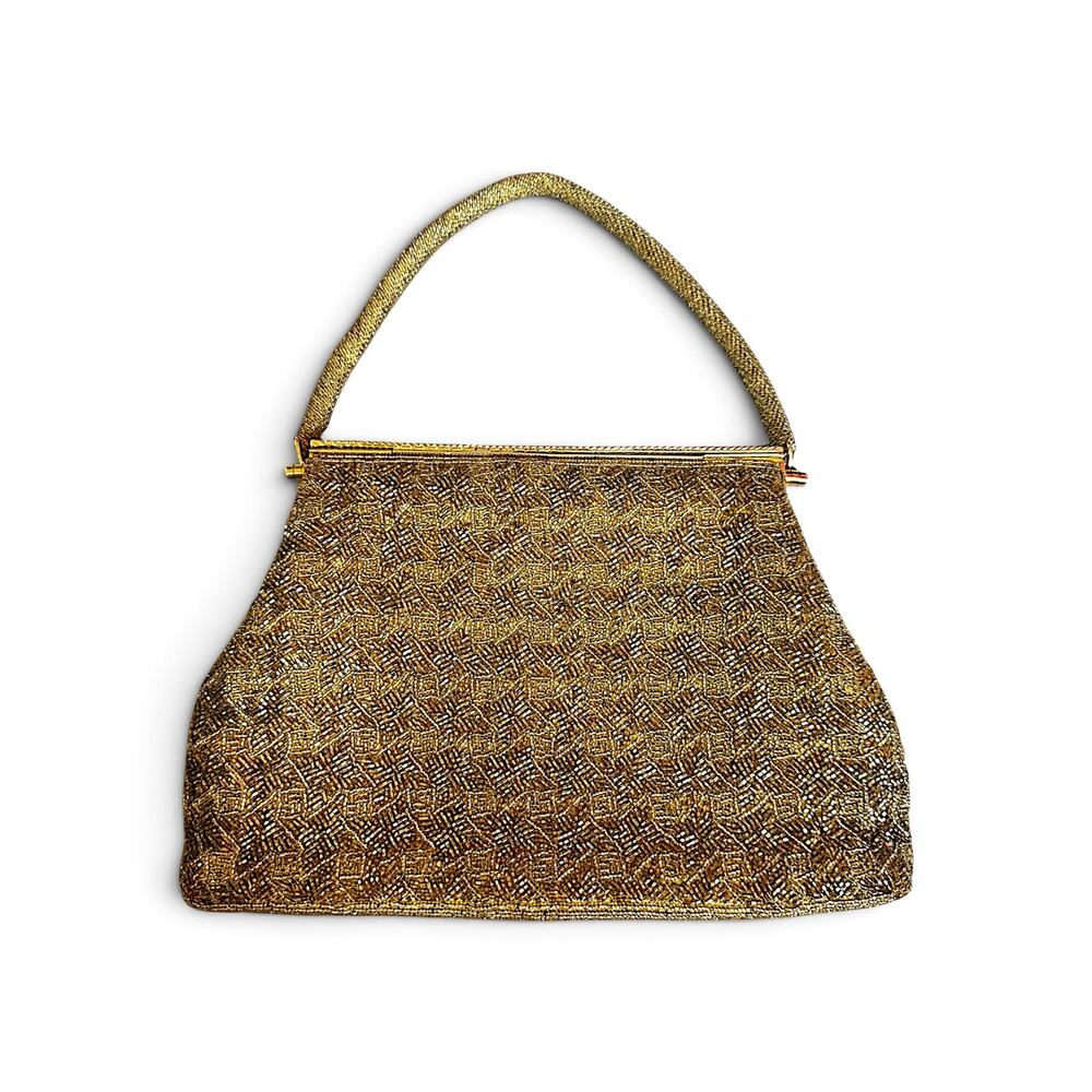 Vintage 1950s 60s Gold Hand Beaded Evening Bag Hong Kong Cocktail Purse - Picture 2 of 12